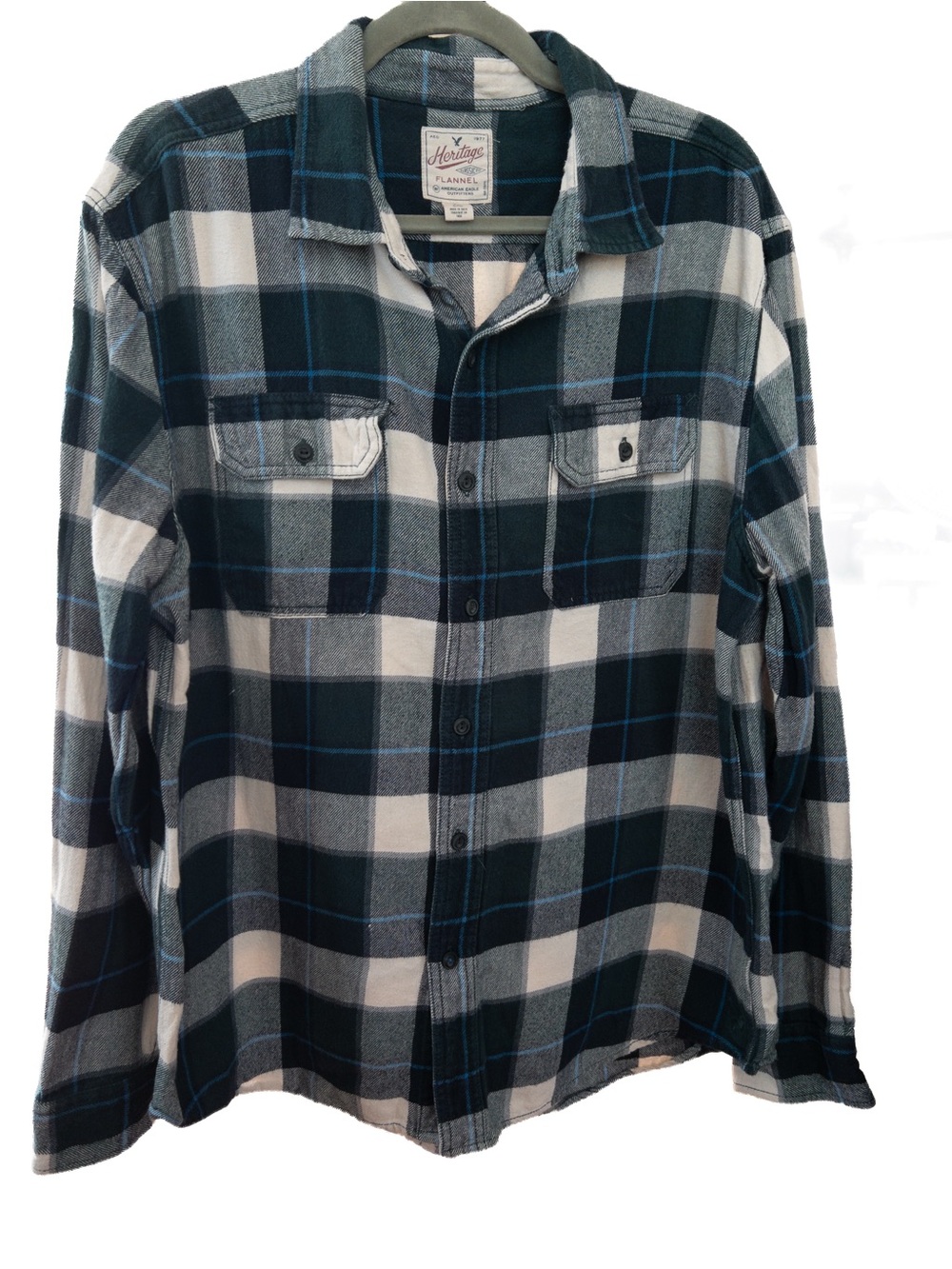 American Eagle Heritage Plaid Flannel Shirt XL Green Blue Classic Fit